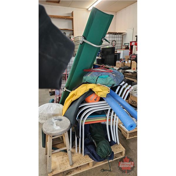 Pallet Lot ~ Camping Grouping : Lawn Chairs ; Cot ; Hip Waders ; Meat Dehydrator ; etc !