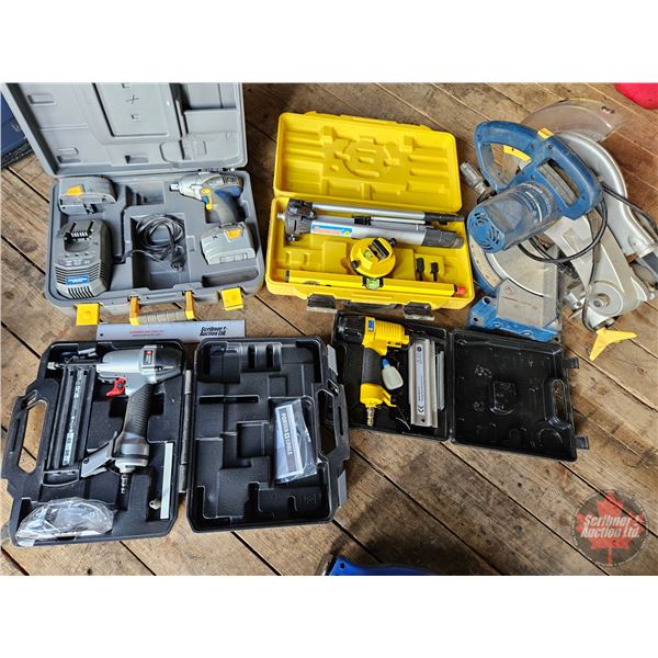 Tool Grouping/Combo : Mastercraft Cordless Impact ; Prime Grip Laser Level ; Porter Cable Brad Naile