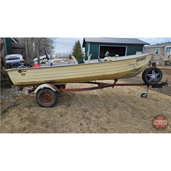 BOAT : 14ft Mirro Craft Aluminum Boat : Calkins Boat Trailer : 25hp Evinrude Outboard