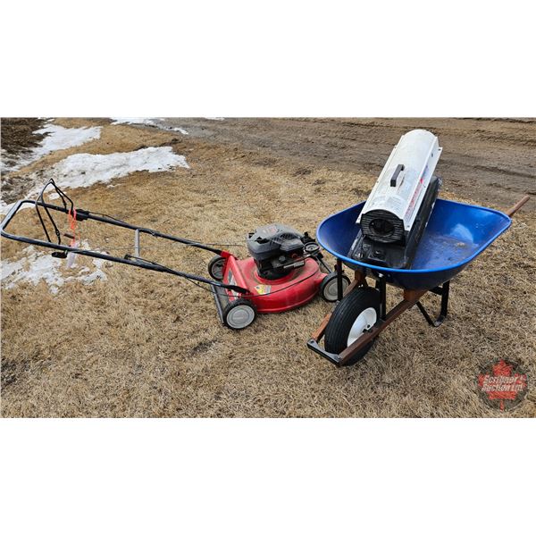 Combo : Lawnmower ; Wheel Barrow ; Heater