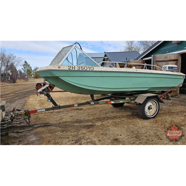 BOAT : 14ft Chrysler Fibre Glass Boat Sport Valiant : Calkins Boat Trailer : 60hp Evinrude Outboard