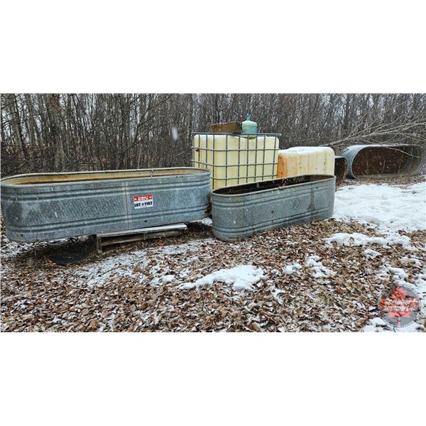 Variety of Galvanized Troughs (5) & Poly Tanks (2) & Eskick Mixer & Hydraulic Tank