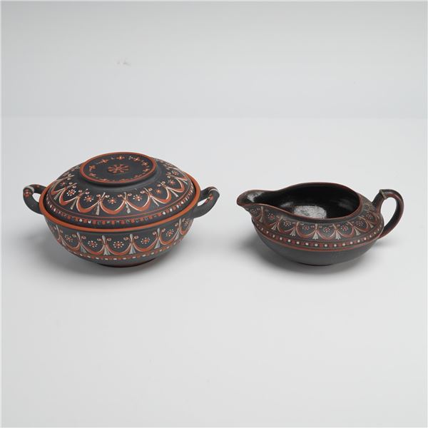 Two Wedgwood Encaustic Decorated Black Basalt Items