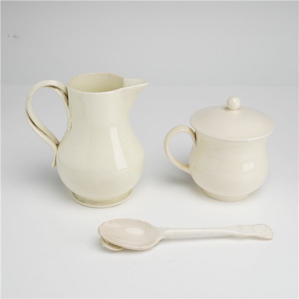 Three Wedgwood Creamware Pots De Creme with Lid, Creamer, and Spoon