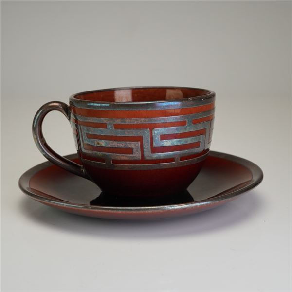 2pc Wedgwood Rust Glaze Silver Overlay Cup and Saucer