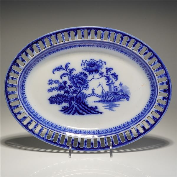 Wedgwood oval plate with blue decoration and pierced rim