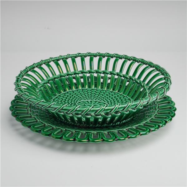 2pc Wedgwood Green Glaze Basketweave Bowl and Oval Plate