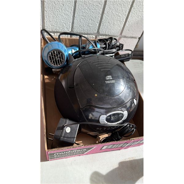 CD player and hair blower and curling iron