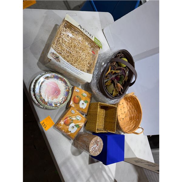 Assorted napkins, disposable plate, plates, and home decor