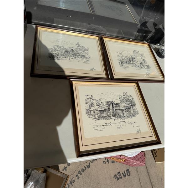 Signed sketches Orchard at Summerland, Pando Mission kelowna and street scene Peachland