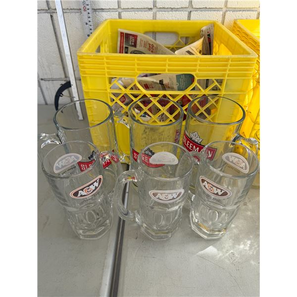 A&W and Sleeman's mugs with crate