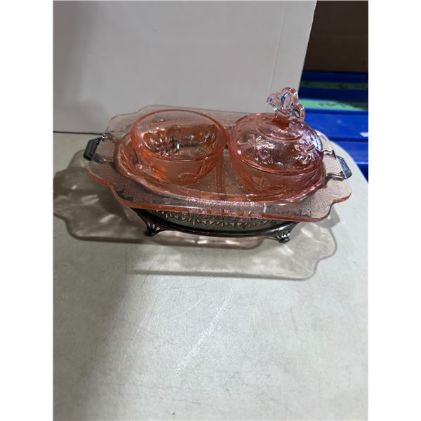 Pink depression, glass, serving dishes, and stand