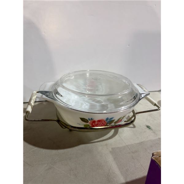 vintage JAJ Pyrex casserole dish in the "Cottage Rose" pattern, complete with its original clear gla