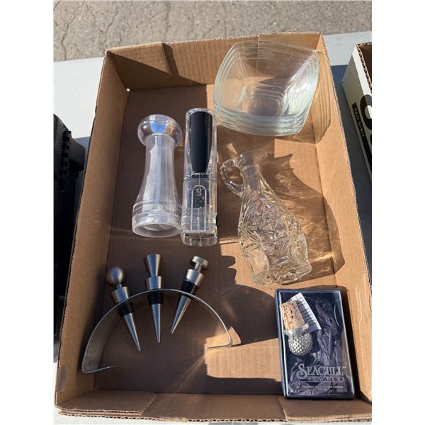 Pepper, grinder, salt, shaker dishes, and wine stoppers