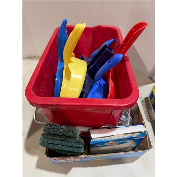 Dust pans, mop, bucket, and scour pads
