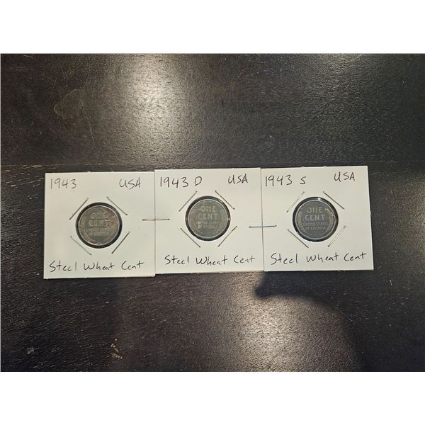 3x 1943 USA Sttel wheat 1cent coins