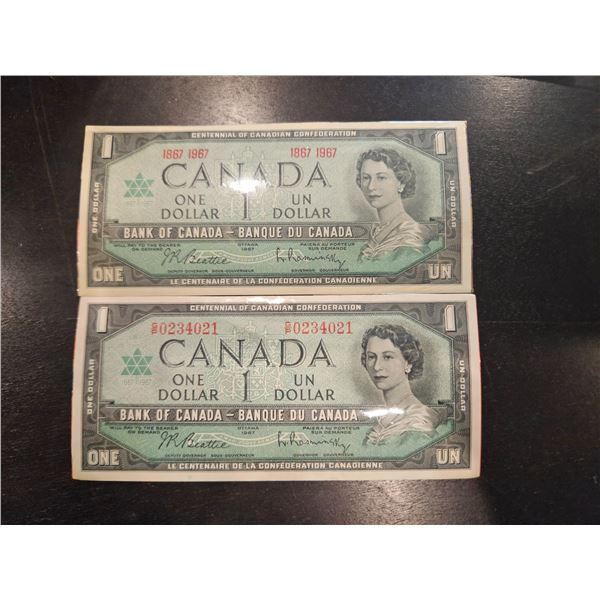 2x 1967 Canadian $1 bills