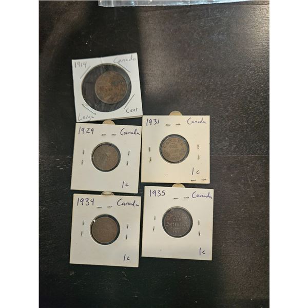 5x antique Canadian one cent coins