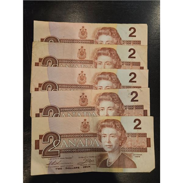 5x 1986 Canadian $2 bills