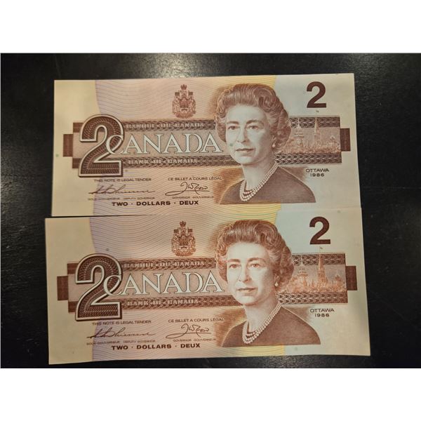 2x 1986 Canadian $2 bills
