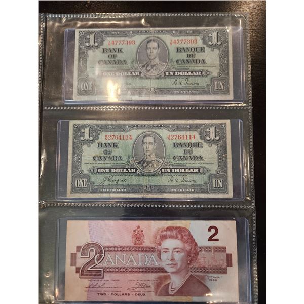 2x 1937 Canadian dollar bills & 1986 $2 Canadian bill