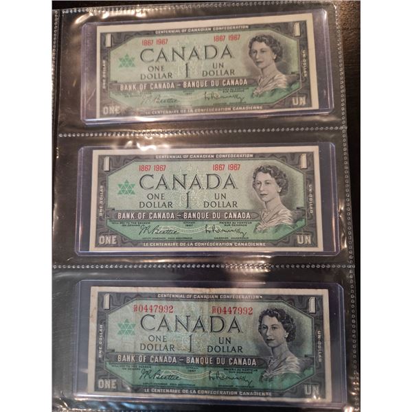 3x 1967 Canadian $1 bills