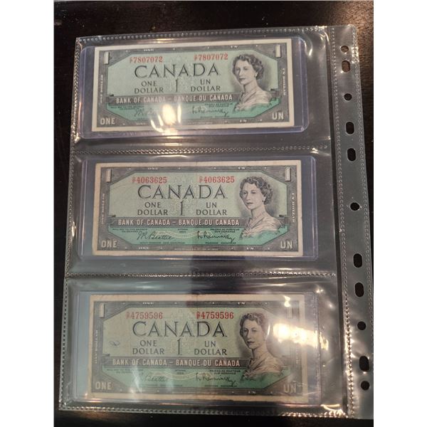 3x 1954 Canadian $1 bills