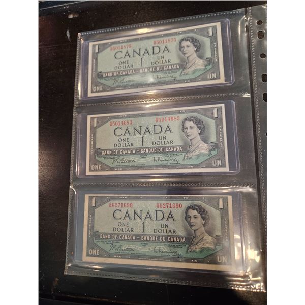 3x 1954 Canadian $1 bills