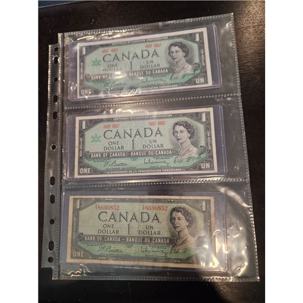 2x 1967 & 1x 1954 Canadian $1 bills