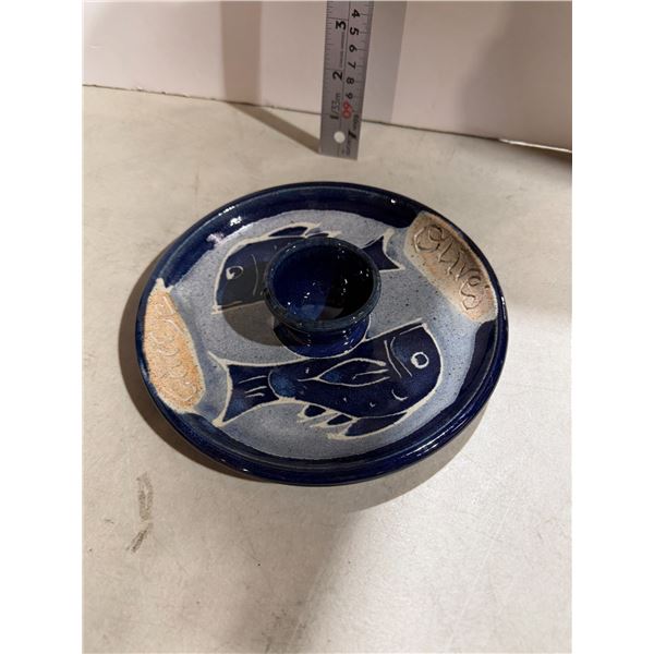 Olive serving dish, signed pottery fish
