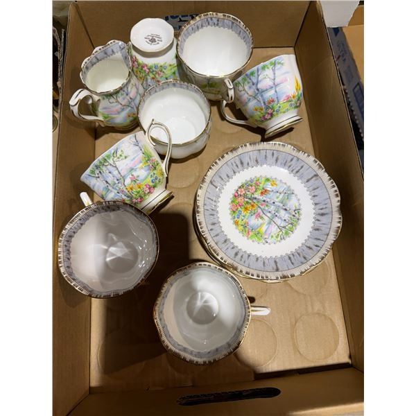 Royal Albert tea, cups, saucers, cream, and sugar