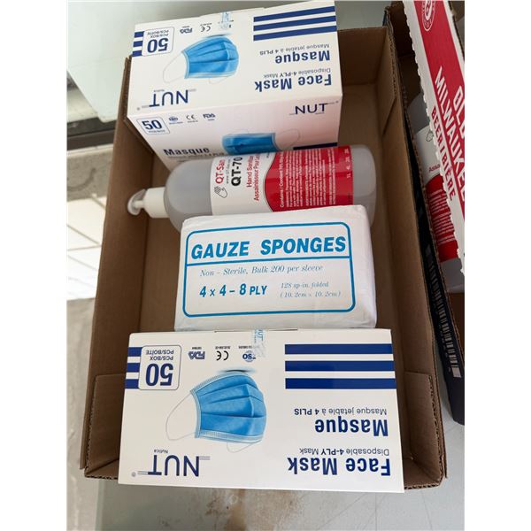Face, masks, gauze, sponges, and hand sanitizer