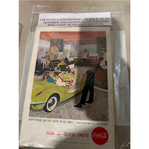 Coca-Cola advertising on back of October 1958 National Geographic magazine