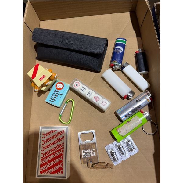 Lighters, dice, bottle, opener cards, etc.