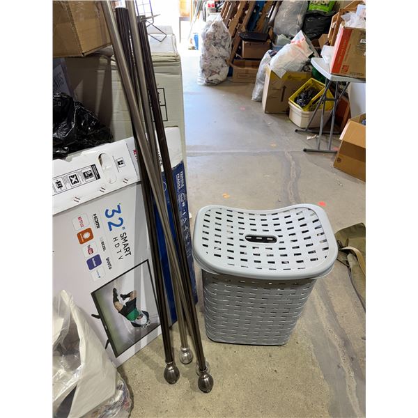 Curtain rods, and laundry basket