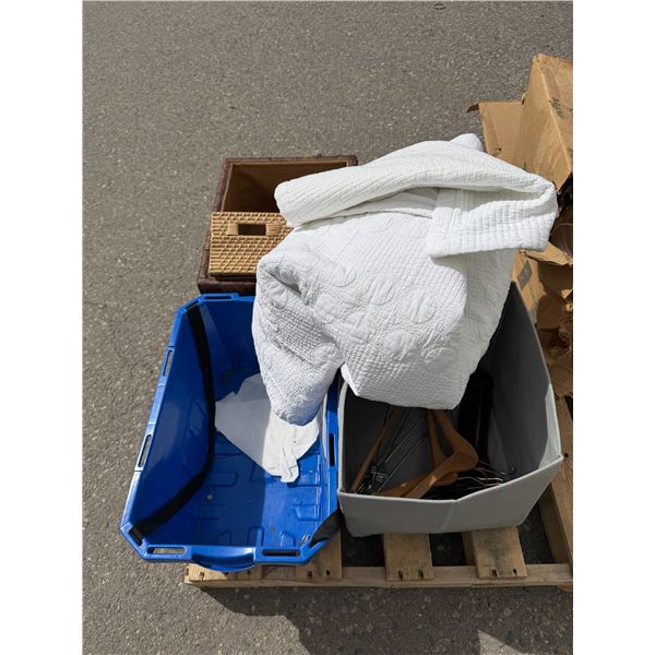Storage bins, hangers, and comforter