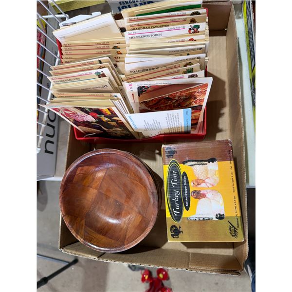 Recipe cards, salt, and pepper, shakers, and salad bowl