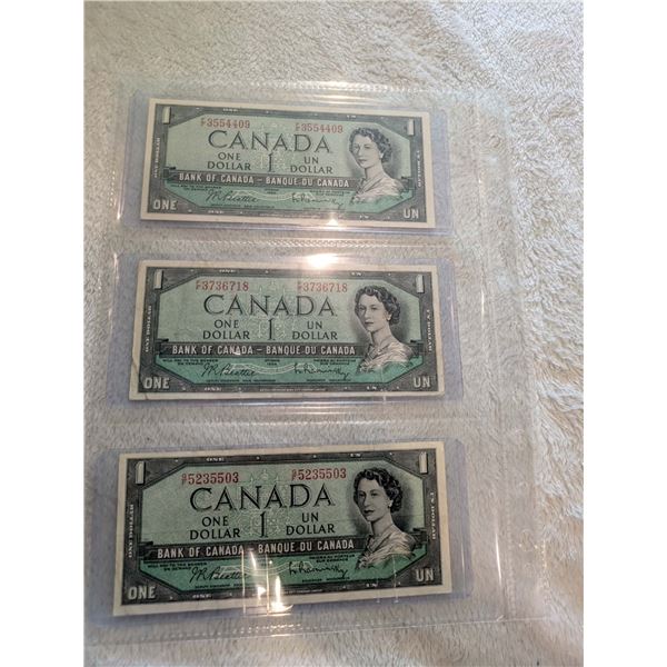 3x 1954 Canada $1 bills