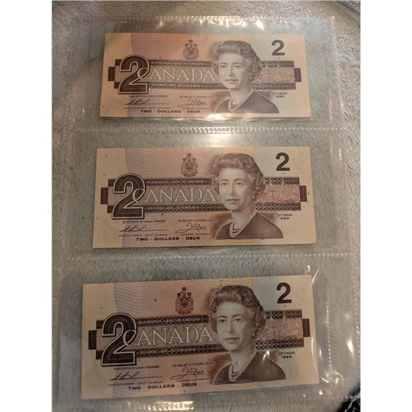 3x 1986 Canada $2 bills
