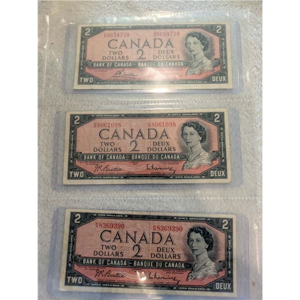 3x 1954 Canada $2 bills