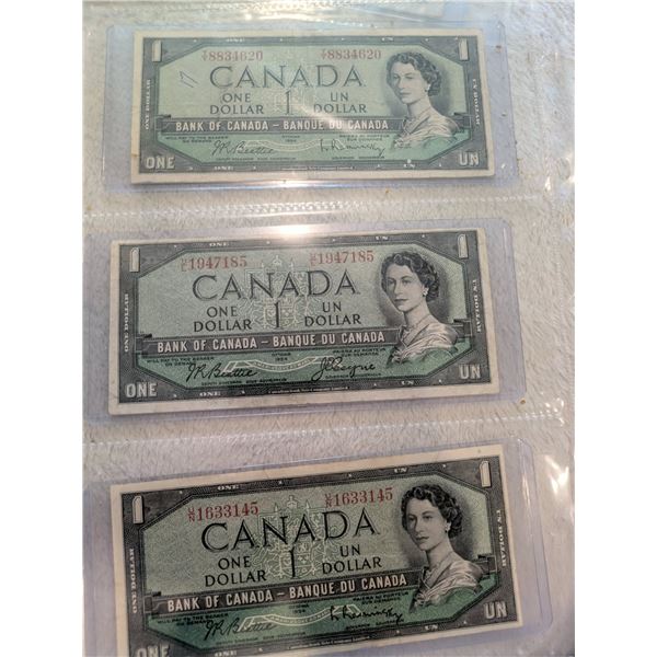 3x 1954 Canada $1 bills