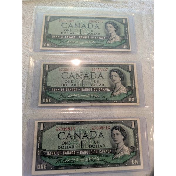 3x 1954 Canada $1 bills