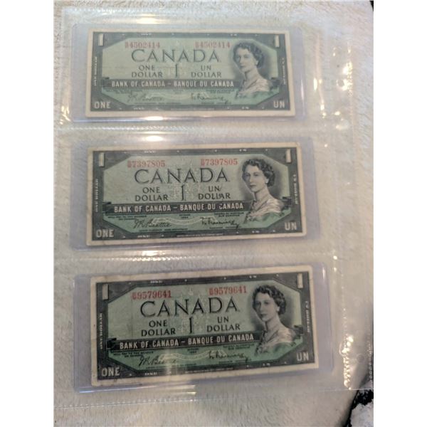 3x 1954 Canada $1 bills
