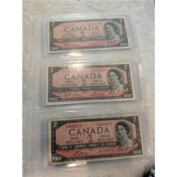 3x 1954 Canada $2 bills