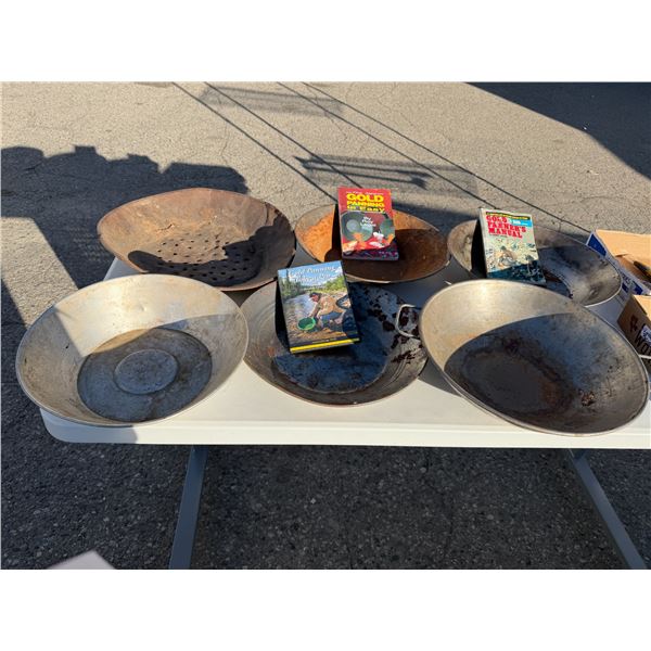 Gold panning pans, and books &dvd