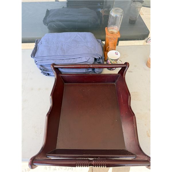 Sheets, dispenser, mug, and tray