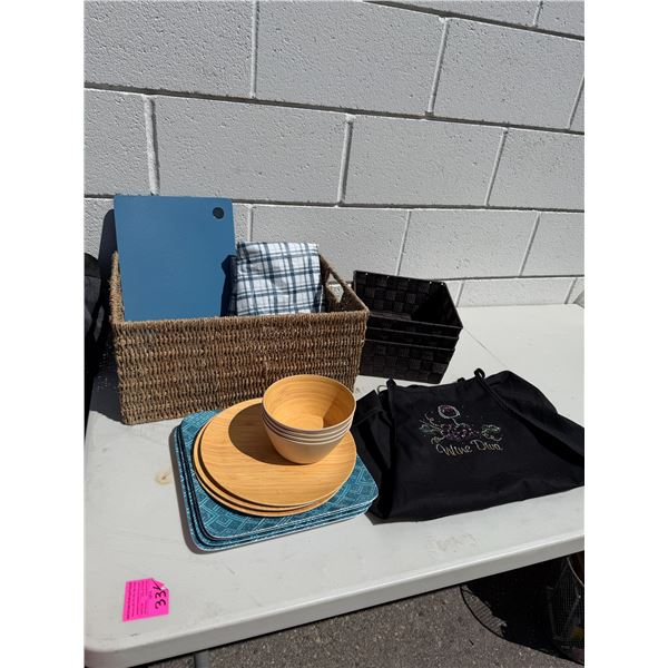 Storage bins and apron