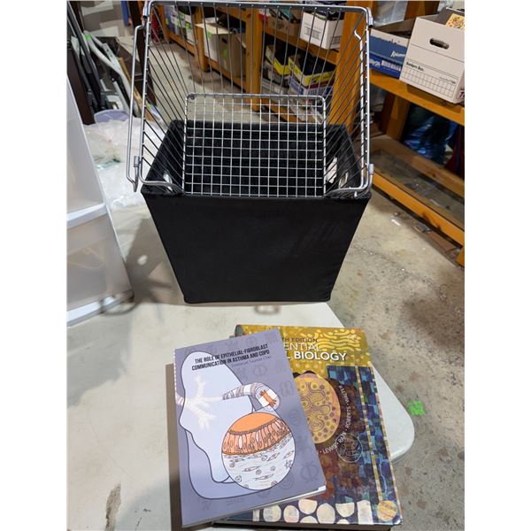 Basket storage bin and books