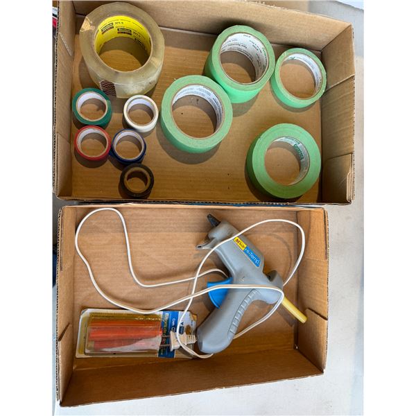 Assorted tapes, tape, and glue gun