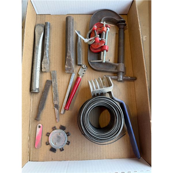 Assorted tools, clamps, and chisel